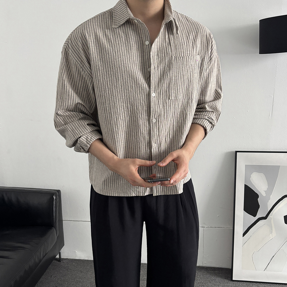 남성크롭셔츠 스트라이프셔 남자린넨셔츠 - 상세 이미지 3