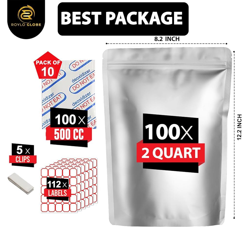 500cc 산소 흡수제가 포함된 2쿼터 마일라 백 100개-112 라벨 & 스탠드업 재사용 가능한 밀폐형 장기 식품 보관 리셀링 5개 클립 - 1,000밀리리터 대형 - 상세 이미지 3