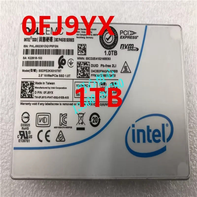 DELL DC P4510 오리지널 하드 FJ9YX 0FJ9YX SSDPE2KX010T8T 1TB 2.5 인치 U.2 신