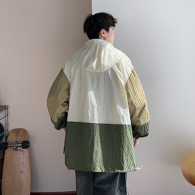 남녀공용 배색 후드 바람막이 점퍼 오버핏 봄가을 아노락 자켓 - 상세 이미지 4