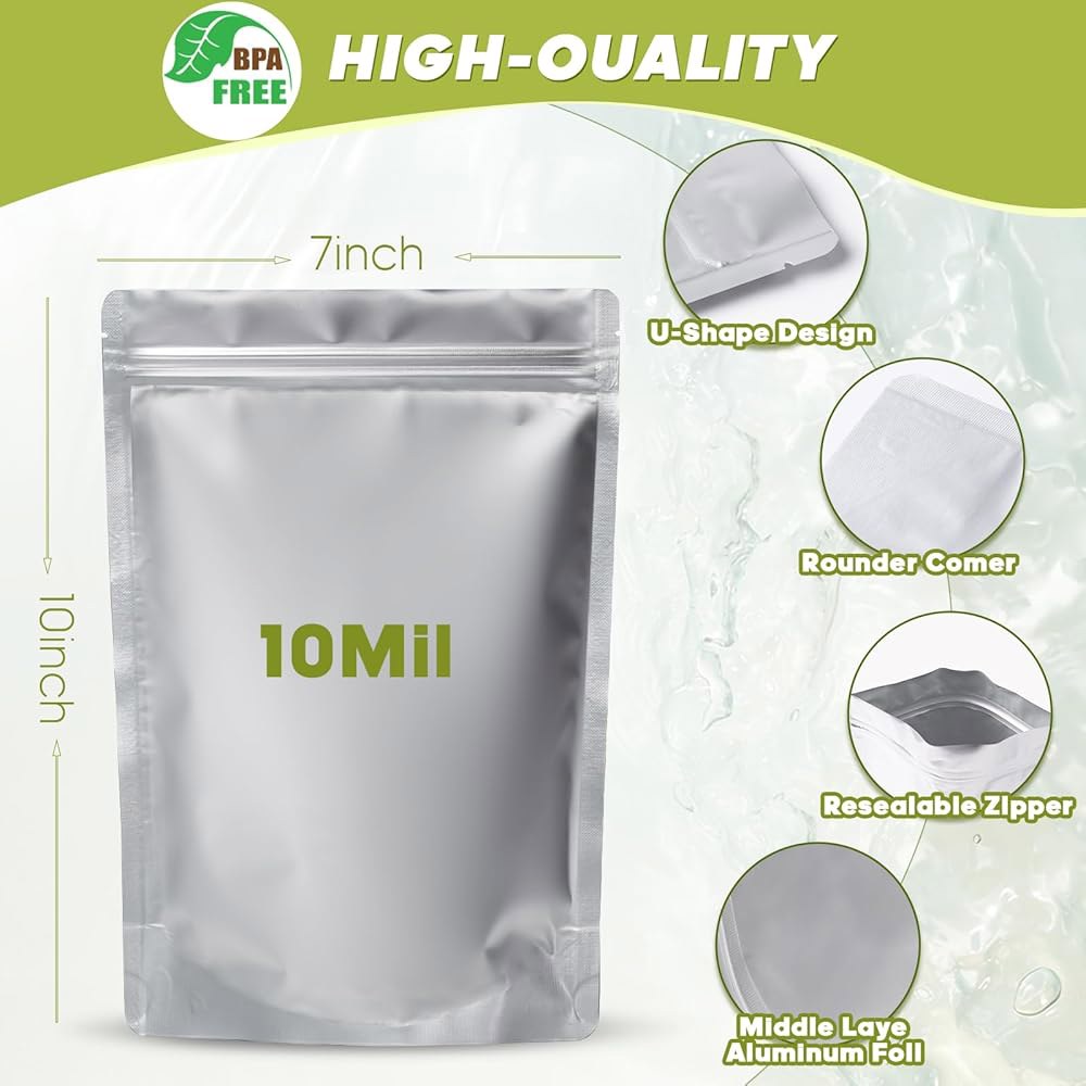 산소 흡수제 400cc 및 라벨이 포함된 식품 보관용 60pcs 1쿼터 마일라 백, 장기 용기 세트용으로 재밀봉 가능한 10밀리 - 7x10인치 지퍼 파우치 열 밀봉 가능 - 상세 이미지 3