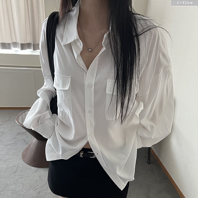 에이서 카라넥 실크 오버핏 포켓 셔츠 2col 봄 여름 루즈핏 새틴 차르르 제이플로우 - 상품 이미지