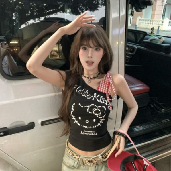 헬로키티 나시 Y2K 슬림핏 크롭탑 민소매 티셔츠 하이틴 스트릿 키치룩 여름 - 상세 이미지 4