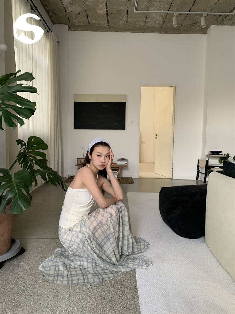 Sleepat 롱스커트 플레어 체크 시스루 여성 여름 스커트 치마 - 상세 이미지 3
