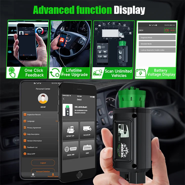 ANCEL HD100 트럭 테스터 디젤 기계 진단 도구 OBDII 엔진 모바일 버전