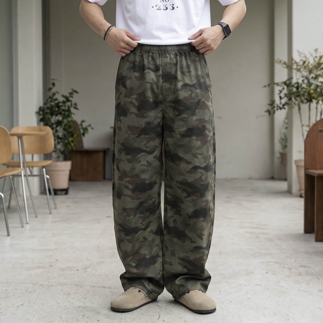 남자 카모 커브드 와이드 밴딩 팬츠 - 상세 이미지 2