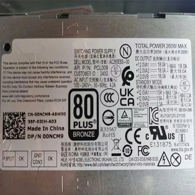 DELL Optiplex 7000 5000 3000 3460 3710 3910 260W AC260EBS-00 00NCM9 0NCM9 PCL009 새 원본 PSU