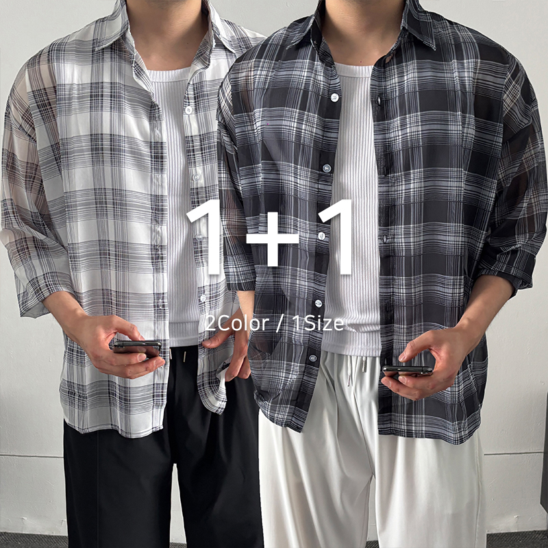 1+1 남자오버핏린넨체크셔츠 남성오버핏여름셔츠 - 상품 이미지