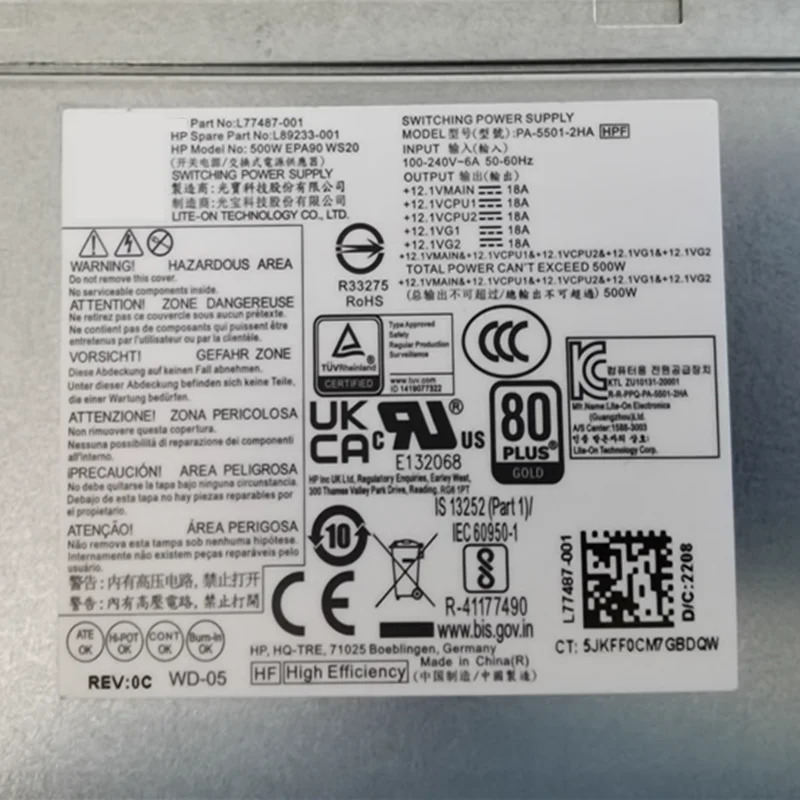 hp호환 280 288 480 600 G5 G6 500W PA-5501-2HA hp호환F L77487-001 L89283-001 새 원본 전원공급장치