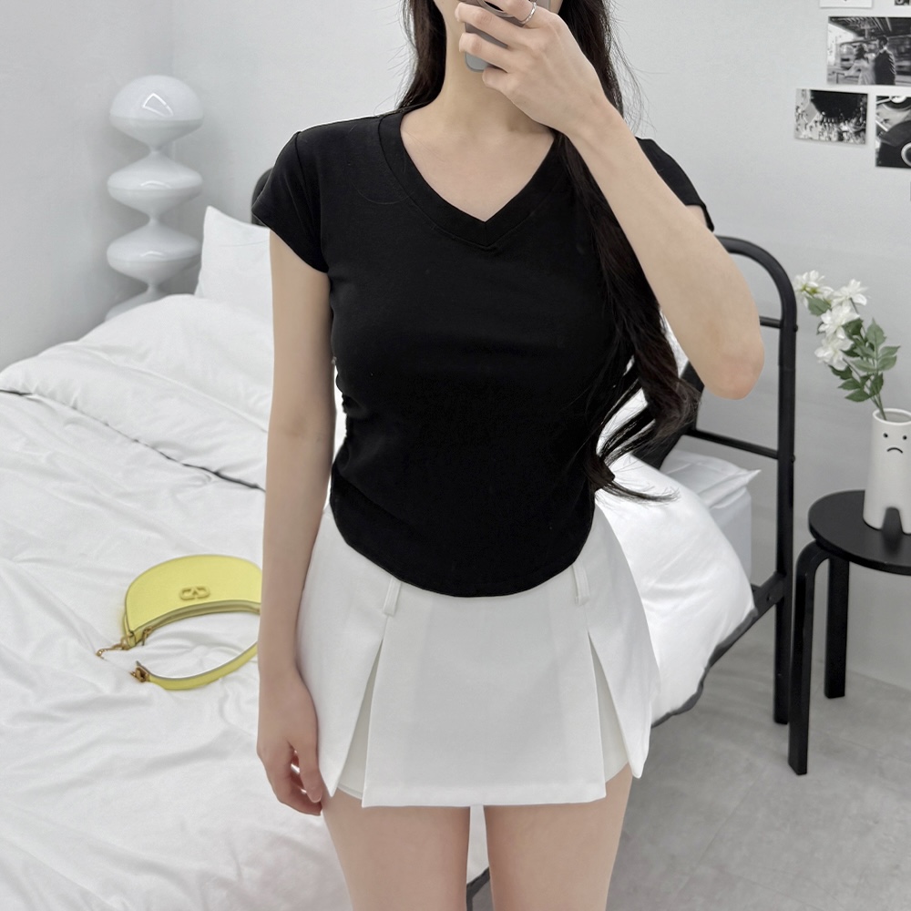 여성 브이넥 반팔티 셔링 슬림핏 스판 면 데일리 여성 무지 티셔츠 - 상세 이미지 2