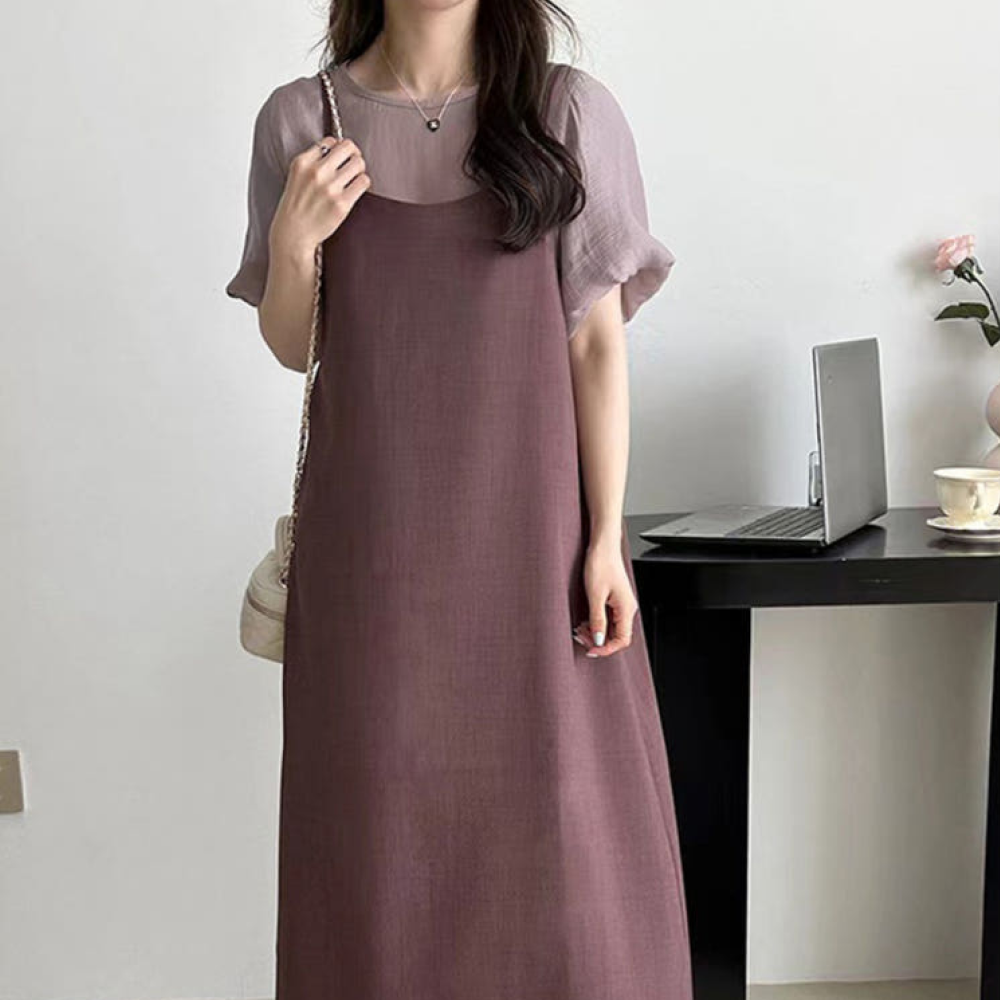 오간자 끈나시 뷔스티에 원피스 보라색 레이어드 롱 원피스 여름 하객룩 2color 룩킵 - 상품 이미지