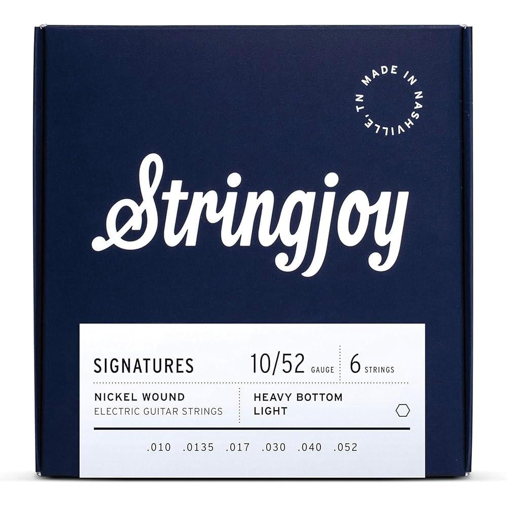Stringjoy, 10-52 헤비 바텀 라이트 게이지 u2013 니켈 권선 일렉트릭 기타 스트링 - 향상된 톤을 위한 프리미엄 스트링, 6 세트, 1팩 서명 - 상품 이미지
