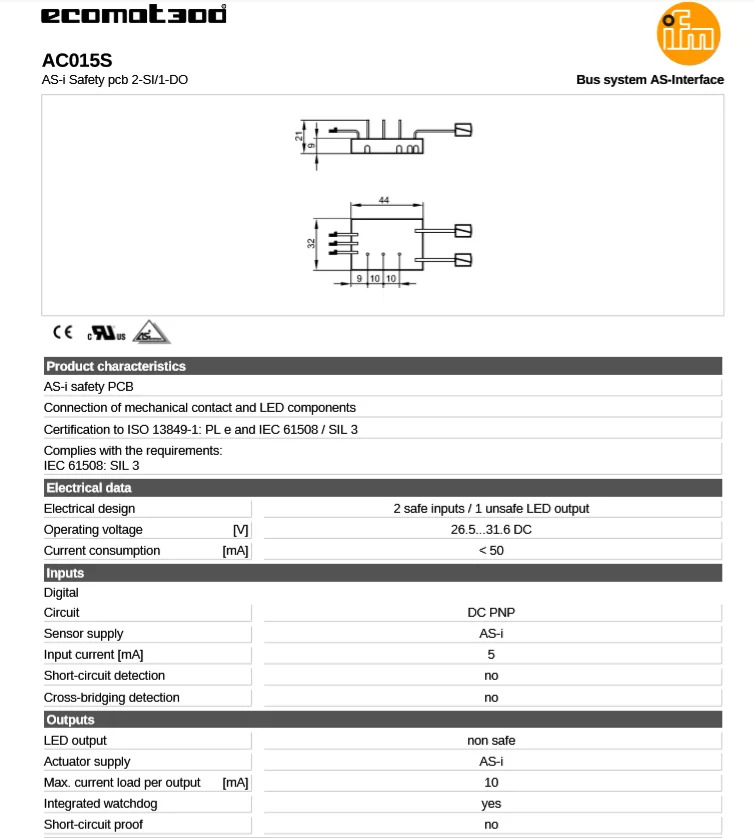 IFM AS 인터페이스 PCB AS-i 안전 AC015S 2-SI 1-DO