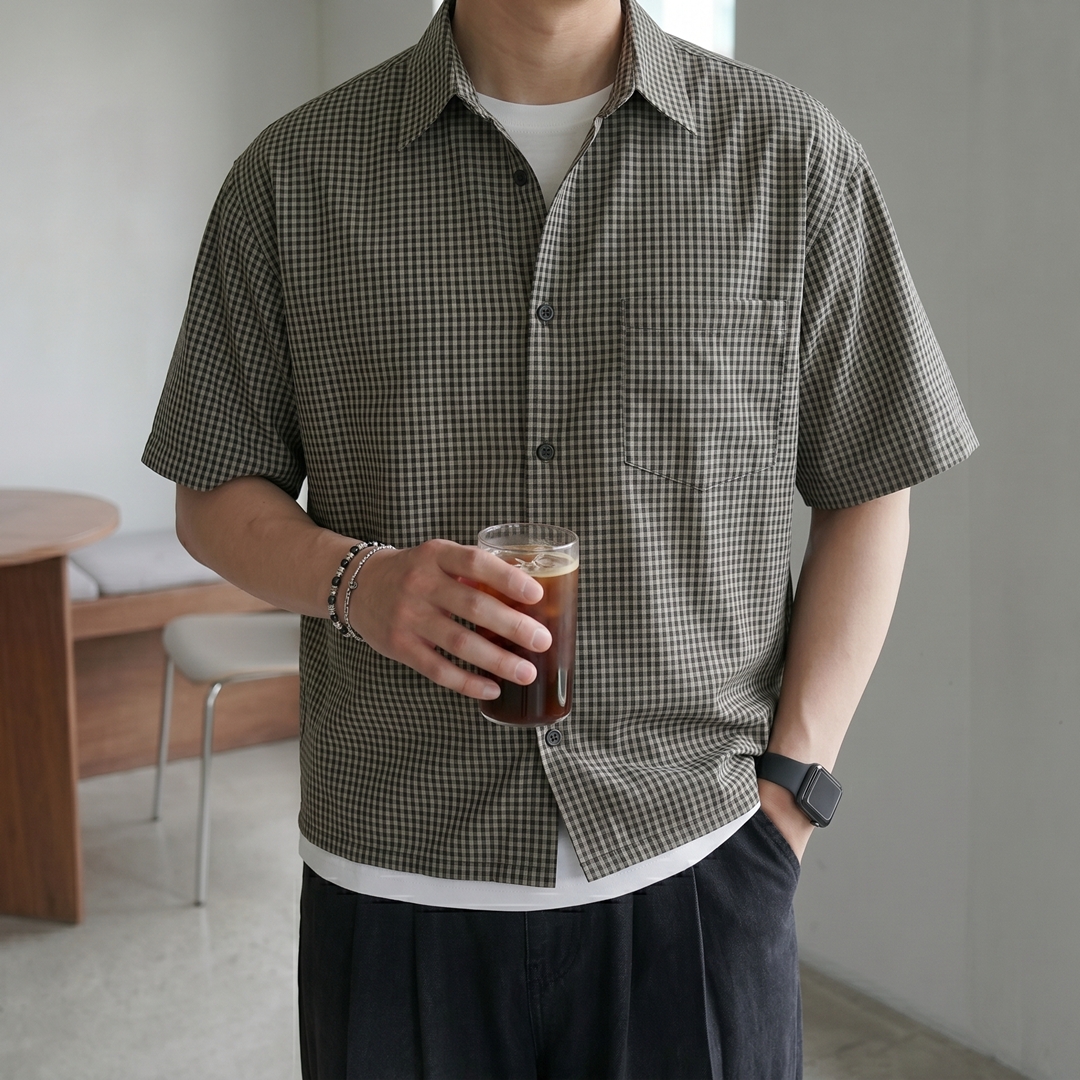 남자 크롭 셔츠 로브 체크 빈티지 여름 반팔 남방 - 상세 이미지 2