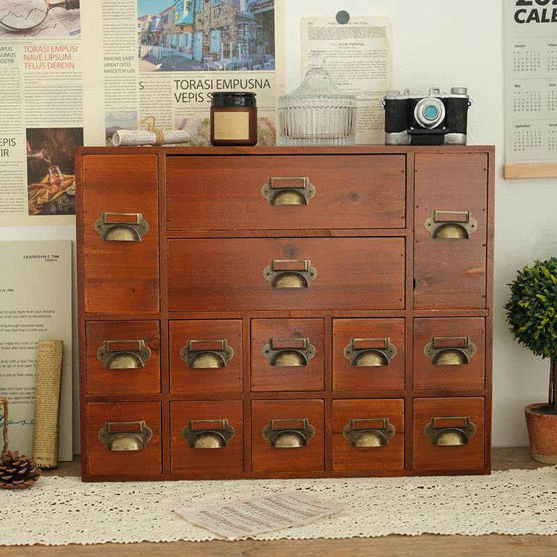 약장 서랍장 엔틱 인테리어 원목 고풍 고가구 수납 협탁 빈티지 브라운 다용도 14칸 서랍 - 상세 이미지 4