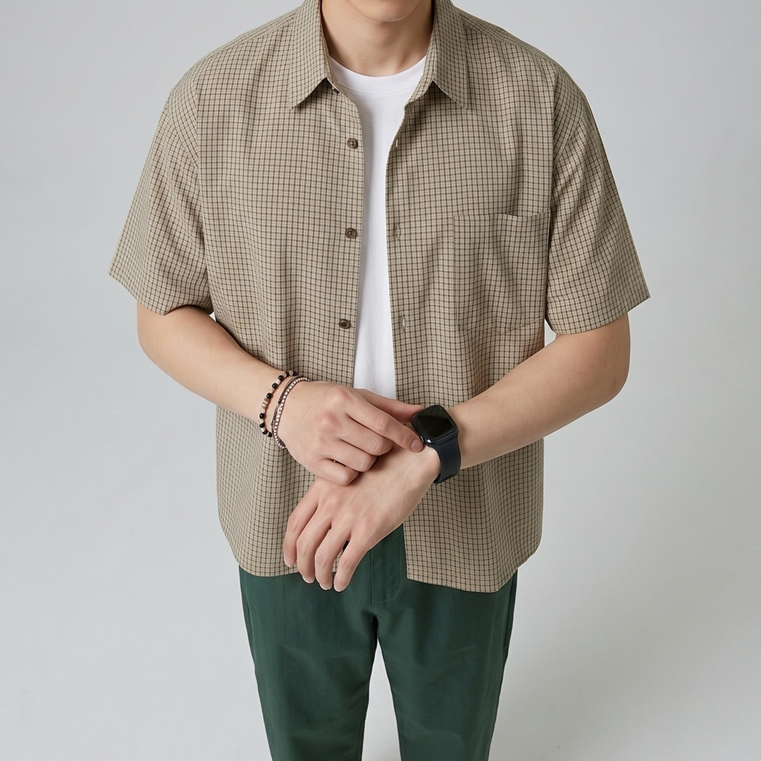 남자 크롭 셔츠 로브 체크 빈티지 여름 반팔 남방 - 상세 이미지 5