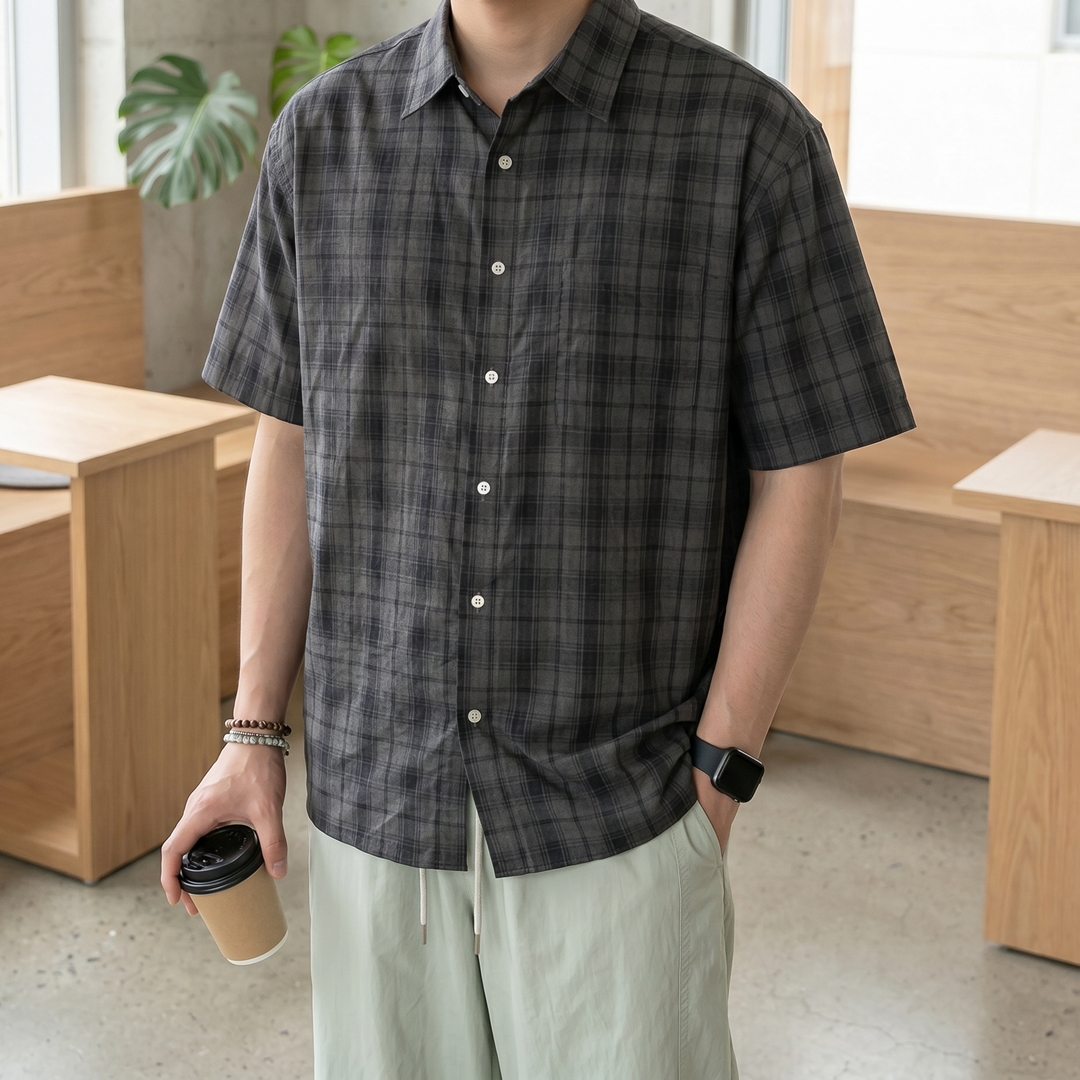 남자 세미 크롭 씨티 체크 반팔 셔츠 여름 남방 - 상품 이미지