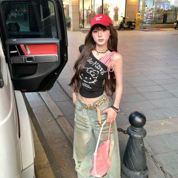 헬로키티 나시 Y2K 슬림핏 크롭탑 민소매 티셔츠 하이틴 스트릿 키치룩 여름 - 상품 이미지