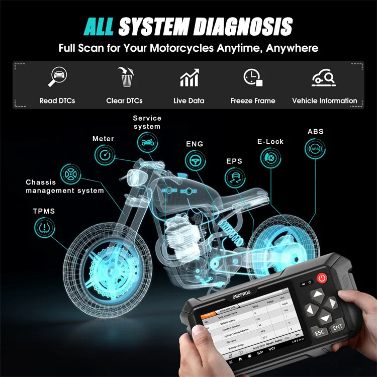 OBDPROG MOTO100 바이크 오토바이 스캐너 시스템 전체 진단 감지기 유지