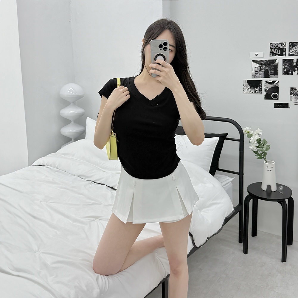 여성 브이넥 반팔티 셔링 슬림핏 스판 면 데일리 여성 무지 티셔츠 - 상세 이미지 5