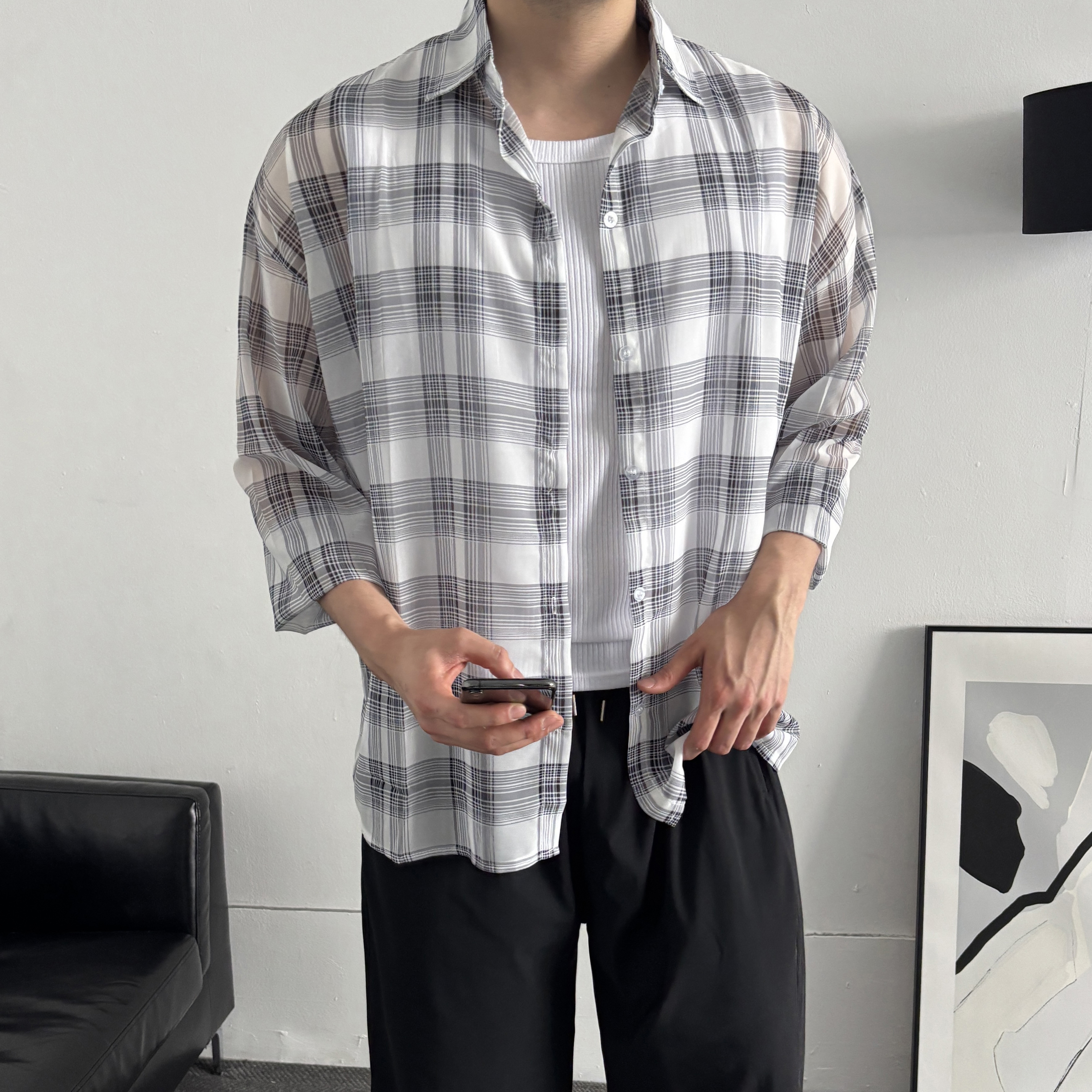 1+1 남자오버핏린넨체크셔츠 남성오버핏여름셔츠 - 상세 이미지 3