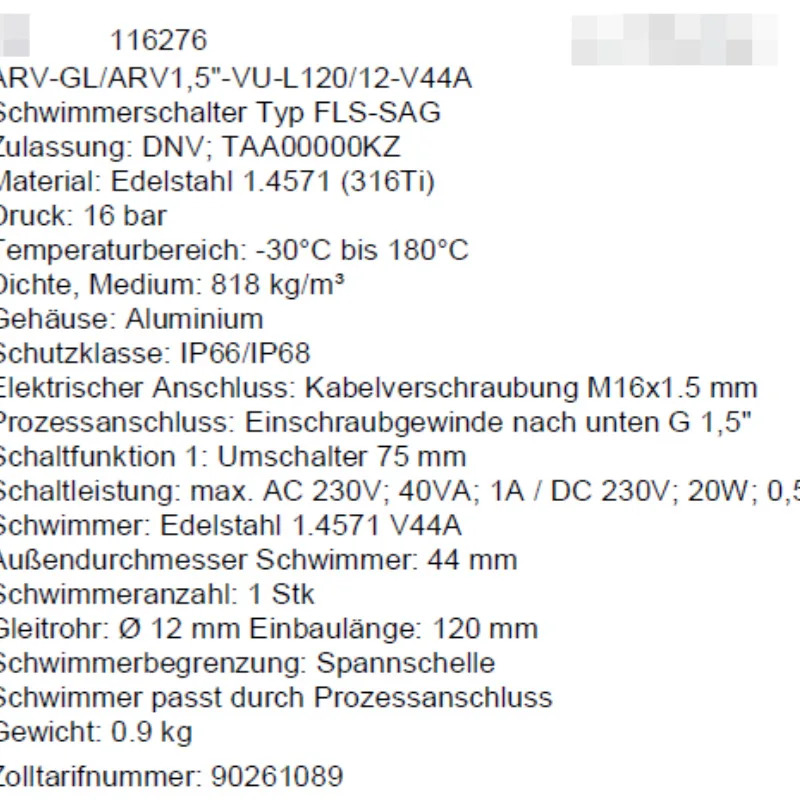 KSR KUBLER 레벨 센서 ARV-GL/ARV15 -VUL120/12-V44A