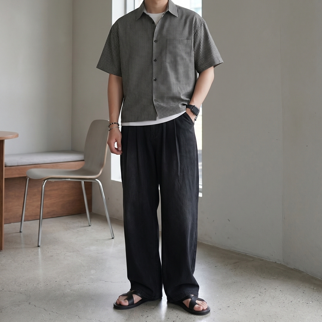 남자 크롭 셔츠 로브 체크 빈티지 여름 반팔 남방 이미지 6