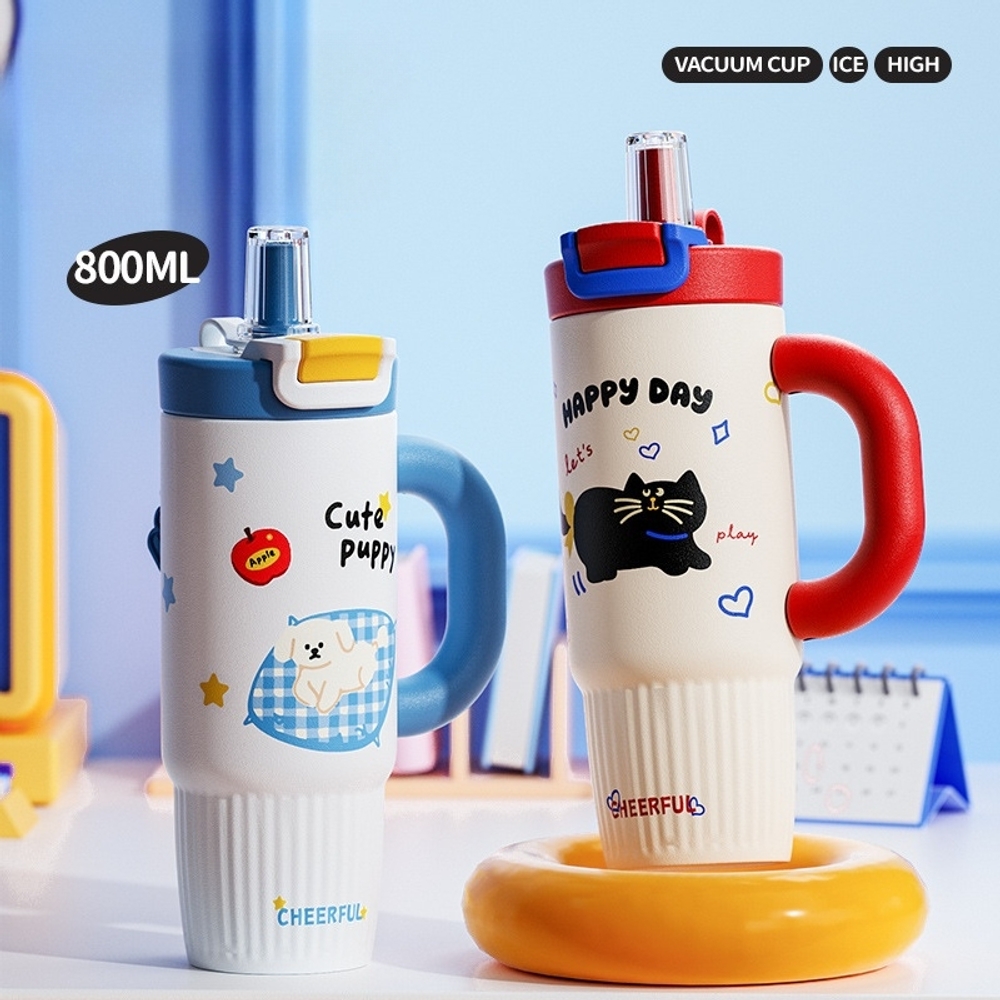 파스텔 텀블러 빨대 보온병 800ml 316 스텐 대용량 손잡이 데일리 레드 800ml - 상품 이미지