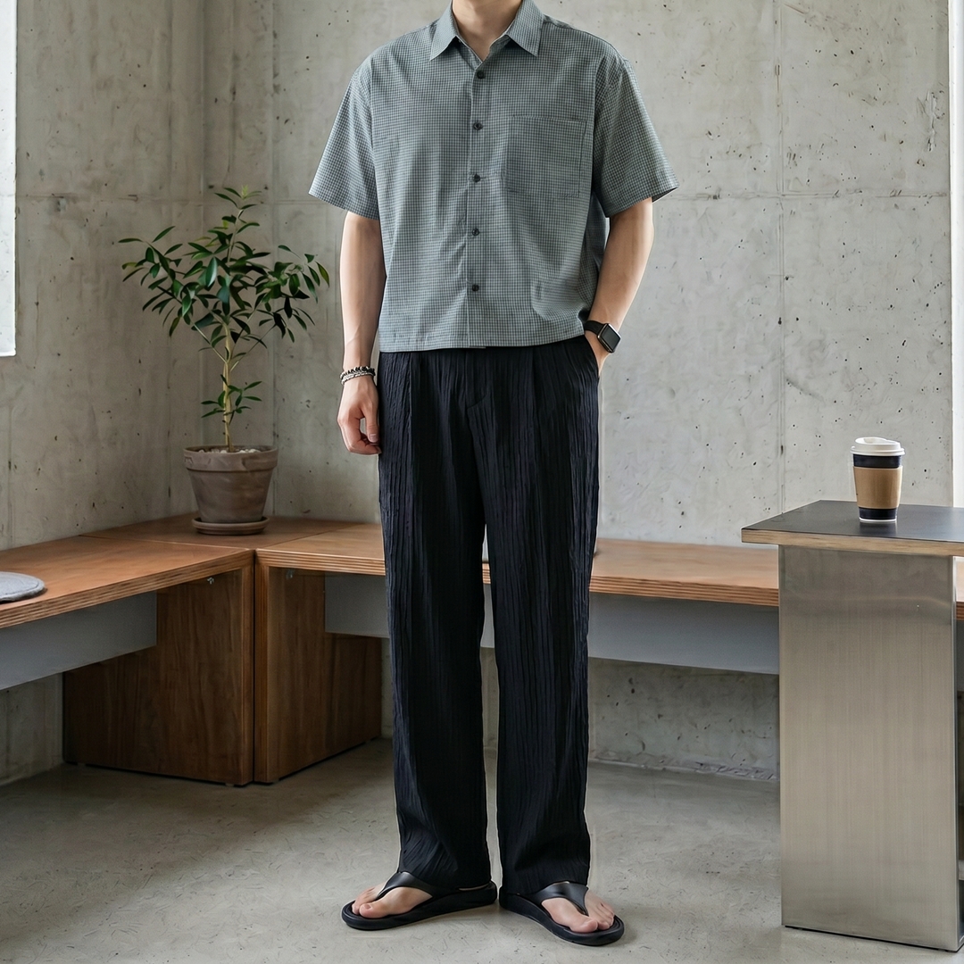 남자 크롭 셔츠 로브 체크 빈티지 여름 반팔 남방 이미지 8