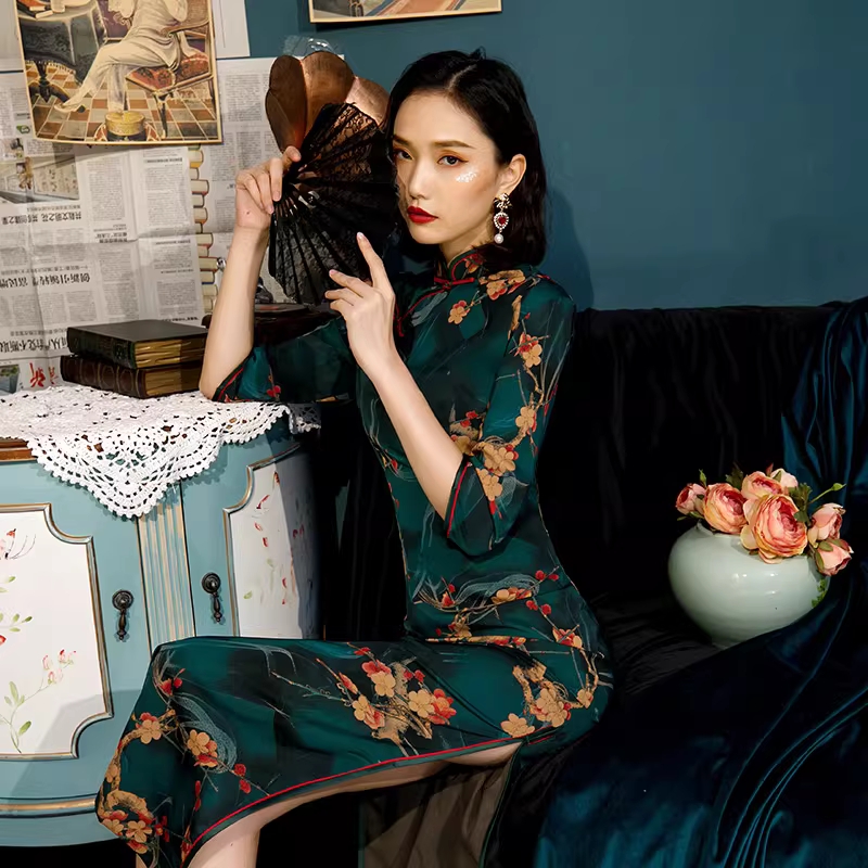 홍콩치파오 섹시 벨벳 원피스 스커트 스플릿 그린 이미지 6