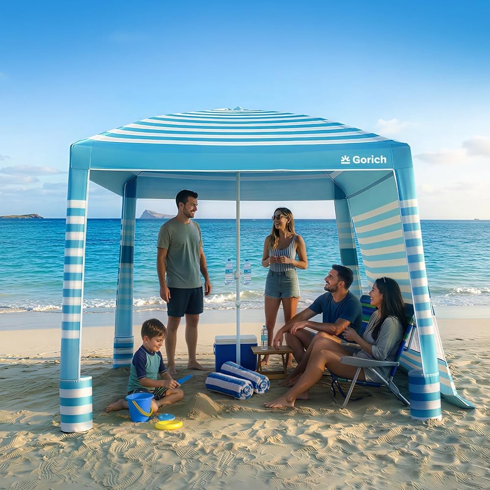 UPF50+ 자외선 차단 기능이 있는 고리치 비치 카바나, 8x8 FT / 10x10 측벽이 캐노피 텐트, 간편한 설치, 가족용 방풍 휴대용 햇빛 쉼터 그늘막 - 상품 이미지