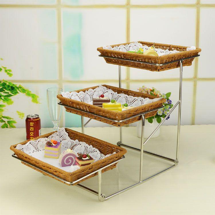 계단식 라탄 바구니 다층 진열대 디저트 빵진열대 선반 브라운 2단 선반 - 상세 이미지 2