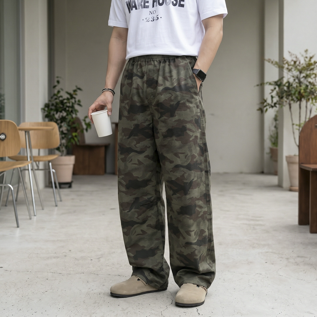 남자 카모 커브드 와이드 밴딩 팬츠 - 상품 이미지