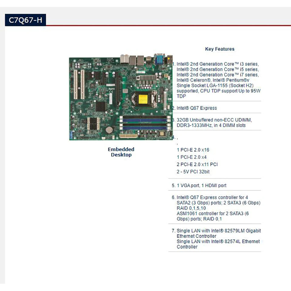 Supermicro 임베디드 데스크탑 마더보드C7Q67-H 2 세대 코어 i3 i5 i7 시리즈 LGA1155 DDR3-133Hz