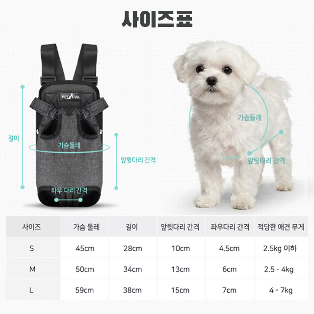 펫테일 강아지 포대기 이동가방 애견 앞가방 슬링백 밀리터리카고 S - 상세 이미지 3