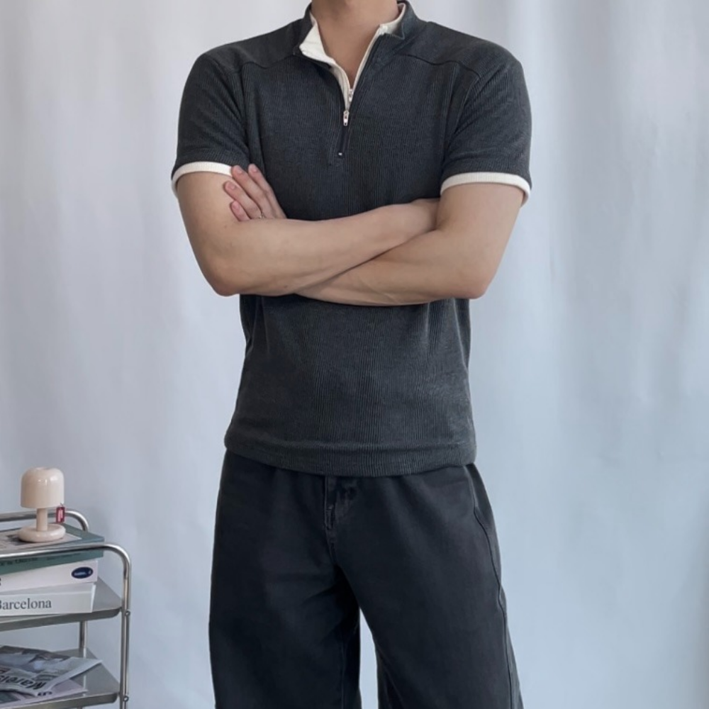 머슬핏카라티 남자반집업반팔 세미머슬핏 반팔 숏슬리브 여름 코디 - 상세 이미지 3