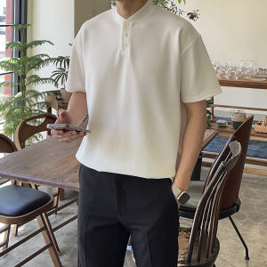 남자 반팔티 구김없는 빅사이즈 헨리넥 무지 오버핏 반팔 티셔츠 착용 후기 | 사이즈/핏 총정리 - 상품 이미지 3