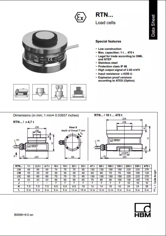 HBM 무게 측정 센서 RTN C3 1T 2.2T 4.7T 10T 15T 22T 33T 47 T 68/100
