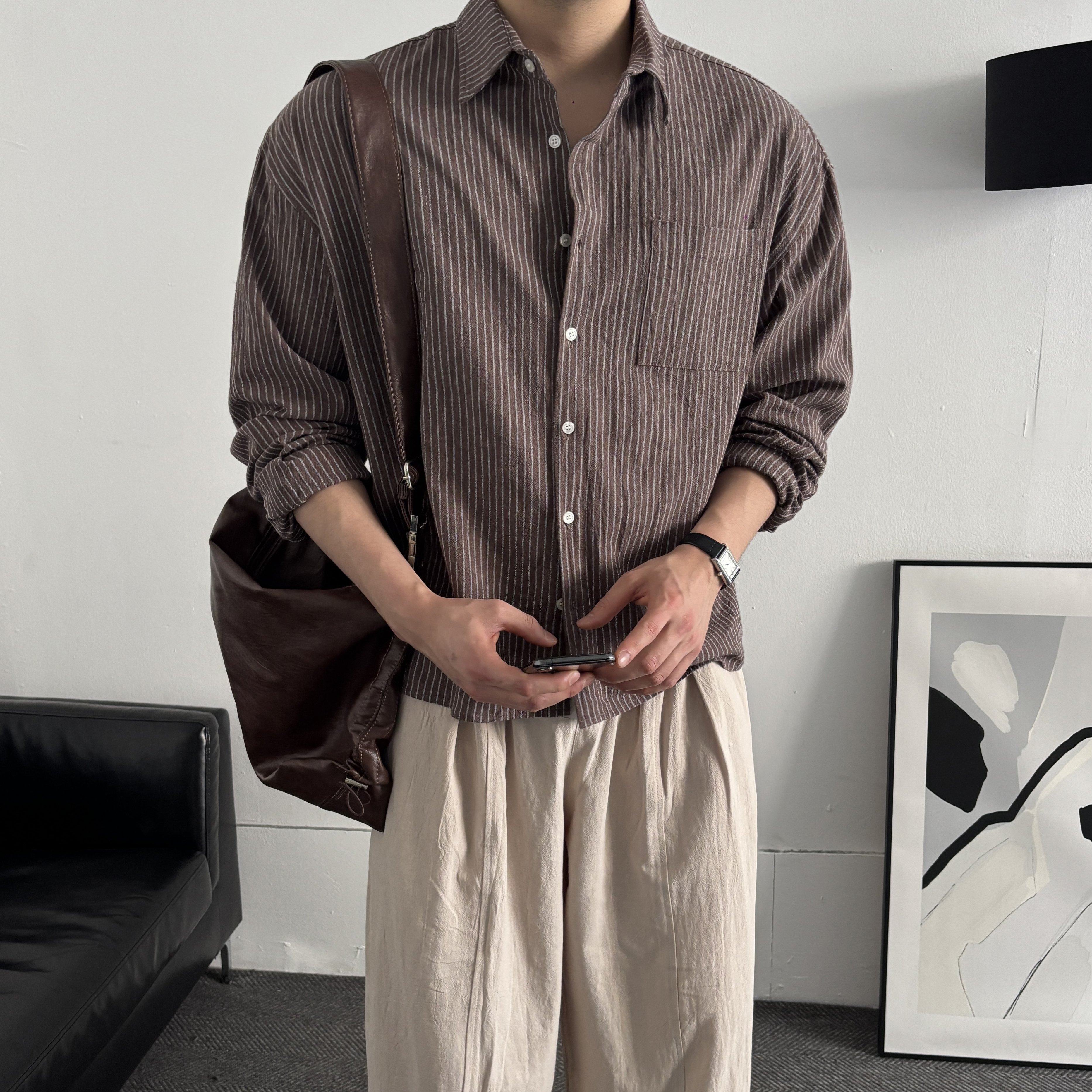남성크롭셔츠 스트라이프셔 남자린넨셔츠 - 상품 이미지