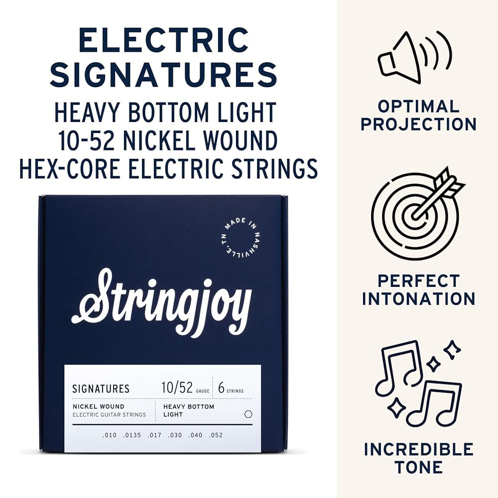 Stringjoy, 10-52 헤비 바텀 라이트 게이지 u2013 니켈 권선 일렉트릭 기타 스트링 - 향상된 톤을 위한 프리미엄 스트링, 6 세트, 1팩 서명 - 상세 이미지 2