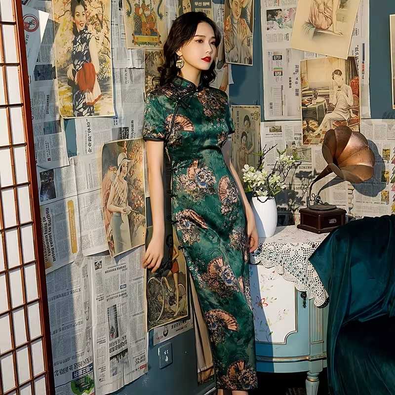홍콩치파오 섹시 벨벳 원피스 스커트 스플릿 그린 - 상품 이미지
