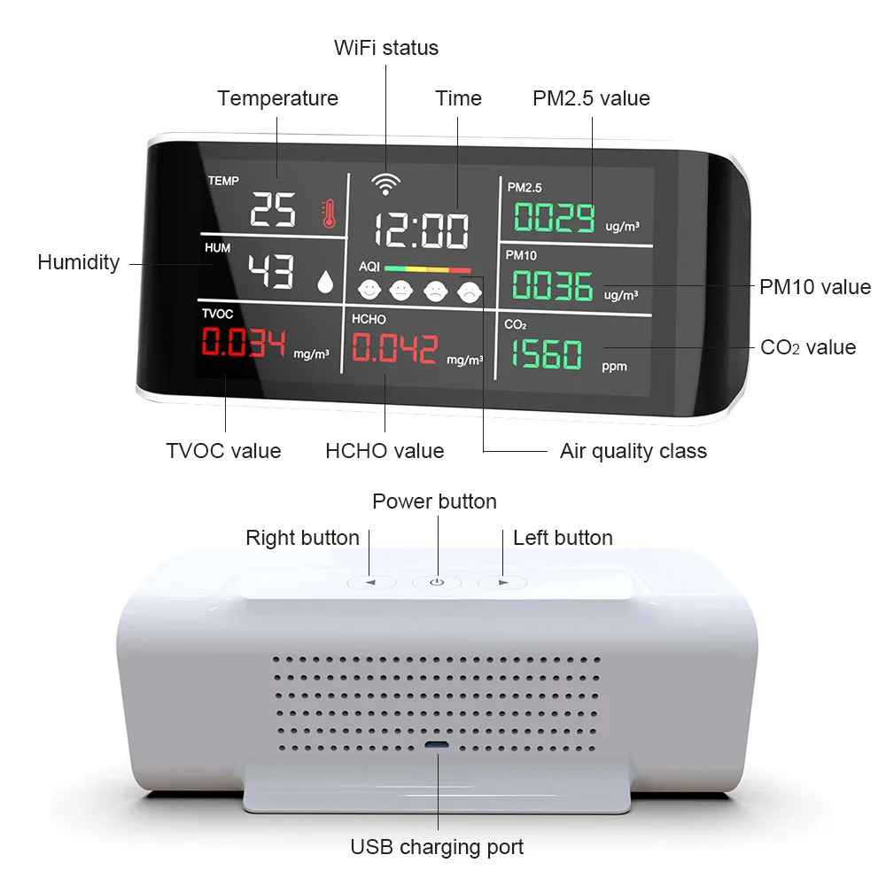 스마트 WiFi 이산화탄소 감지기 에어PM2.5/HCHO/TVOC