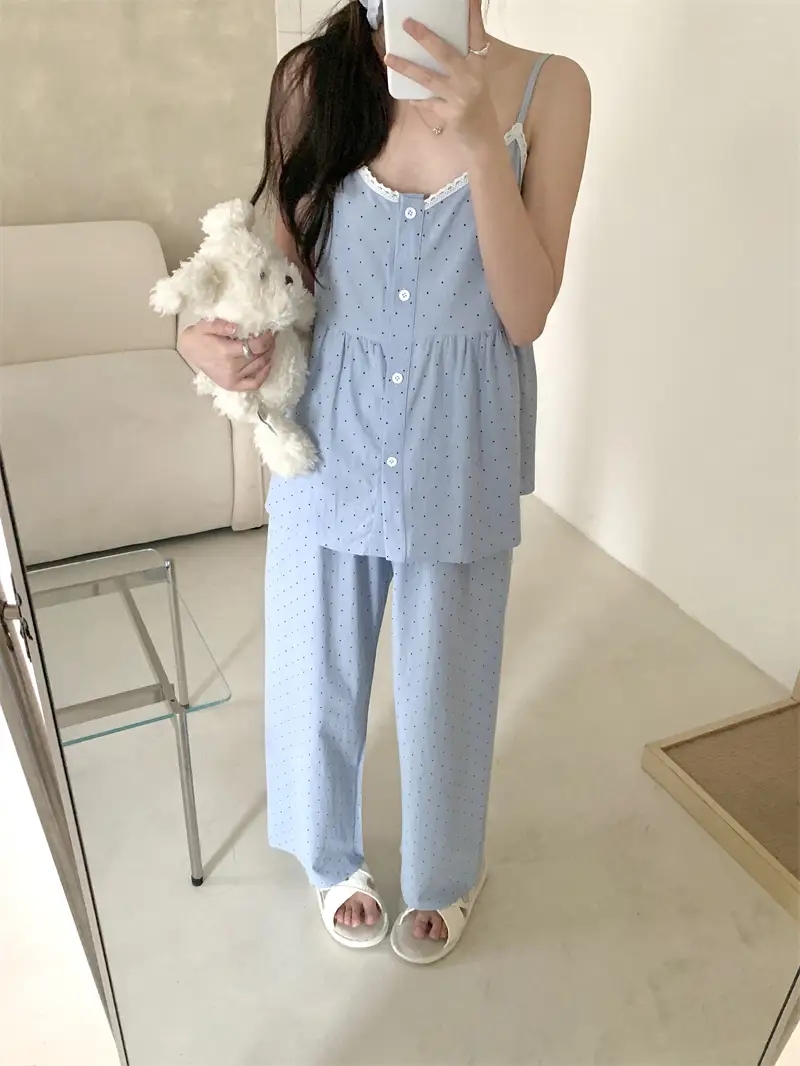 도트 나시잠옷 반바지 긴바지 순면 민소매 여행 홈웨어 파자마 여름 이미지 7