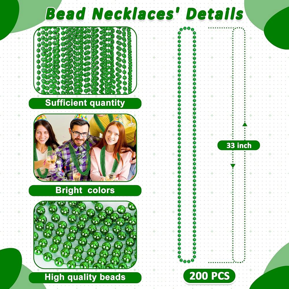 허스킨 200 PCS 세인트 패트릭스 데이 비즈 목걸이, 33인치 마디 그라 비즈, 그린 액세서리 퍼레이드, 결혼식 생일 파티 선물로 대량 구매 선호 12 Colors - 상세 이미지 3