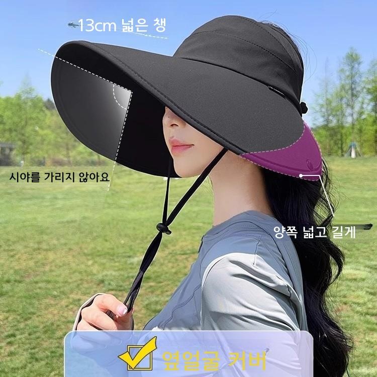 여성 여름 챙 넓은 햇빛 차단 모자 자외선 검정색 조절 가능 - 상세 이미지 3