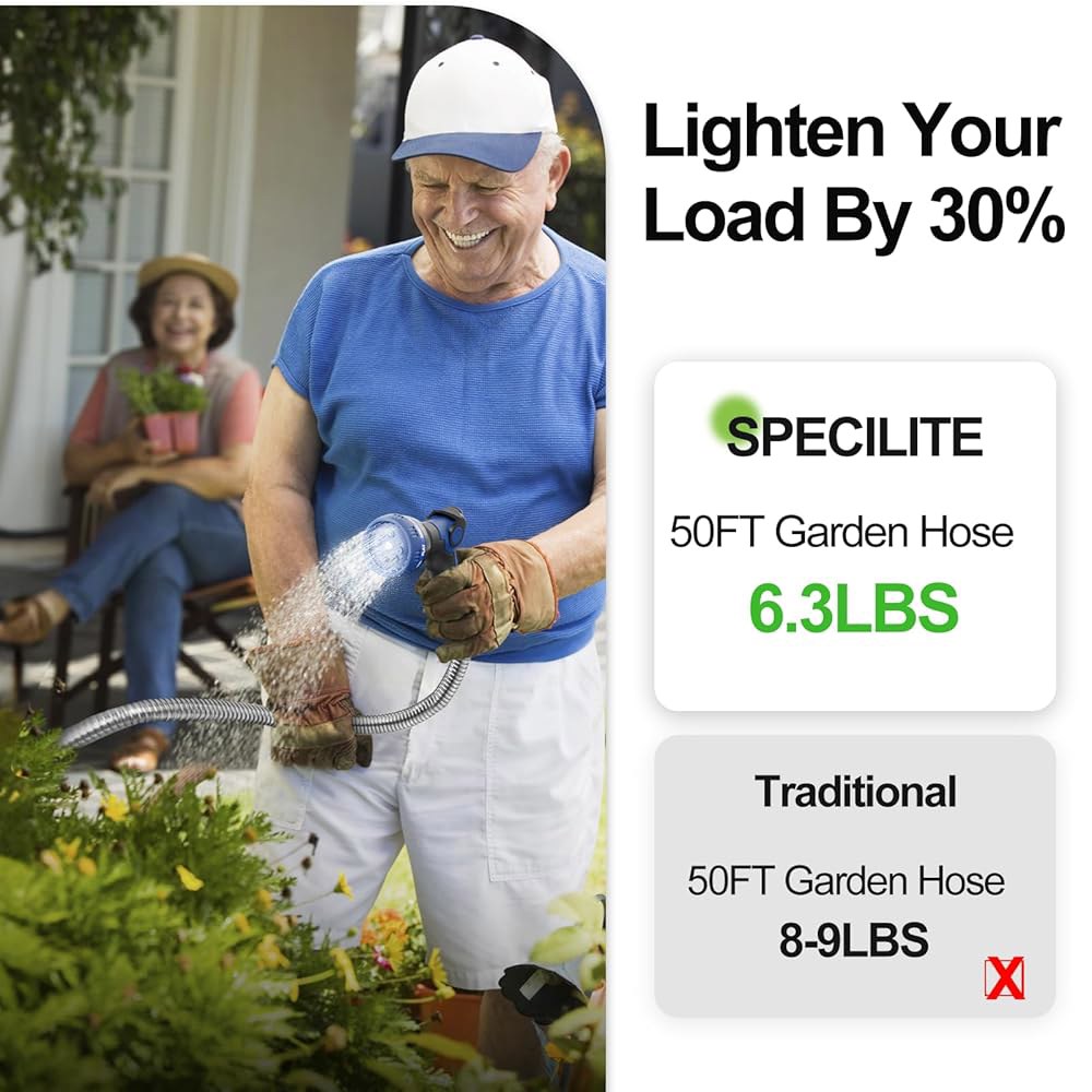 SPECILITE 50피트 304인치 스테인리스 스틸 가든 호스 금속, 마당용 노즐이 있는 중장비 수도관 - 유연하고 꼬임 및 엉킴 방지, 펑크 방지(슬리버) 25ft Sliver - 상세 이미지 3