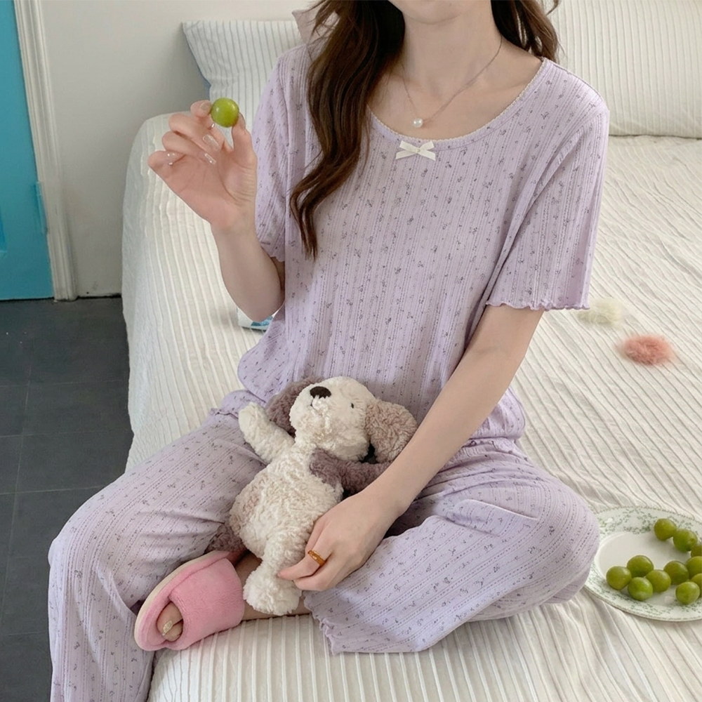 캡내장 여성잠옷 순면 파자마세트 노브라 반팔 긴바지 홈웨어 꽃무늬 잠옷 - 상세 이미지 3