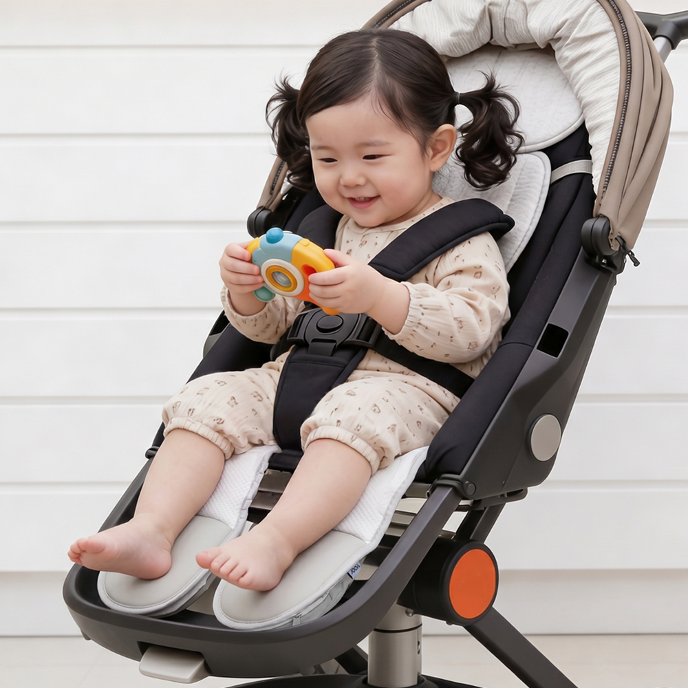 흰색 배경 앞에서 아이가 유모차 시트에 앉아 장난감을 들고 있는 쿨 시트 전체 모습