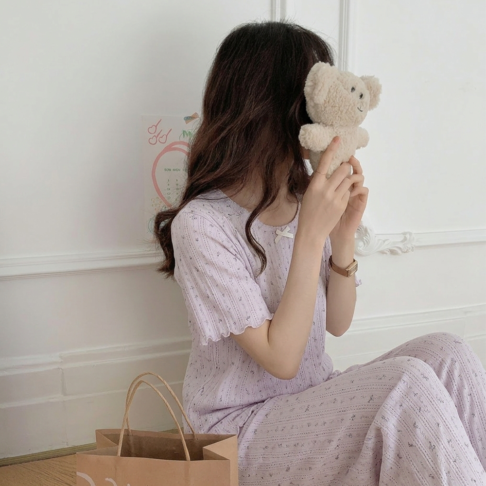 캡내장 여성잠옷 순면 파자마세트 노브라 반팔 긴바지 홈웨어 꽃무늬 잠옷 - 상세 이미지 4