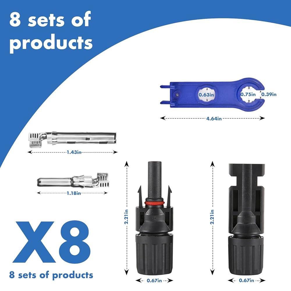 Ussnsny 16 PCS 태양광 패널 커넥터, 남녀 IP67 방수 1000V 30A 케이블 커넥터(8쌍), 스패너 10AWG 2개 포함 8 Pairs - 상세 이미지 2